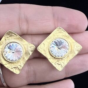 Norma Jean Clip On Earrings Large Rhinestone Crystal Vintage Bold 80s Etruscan